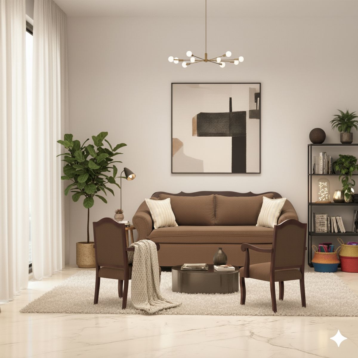 SITIAL HOME - Juego de Living 311 Teheran Cafe, sofa resortes + 2 sitiales madera