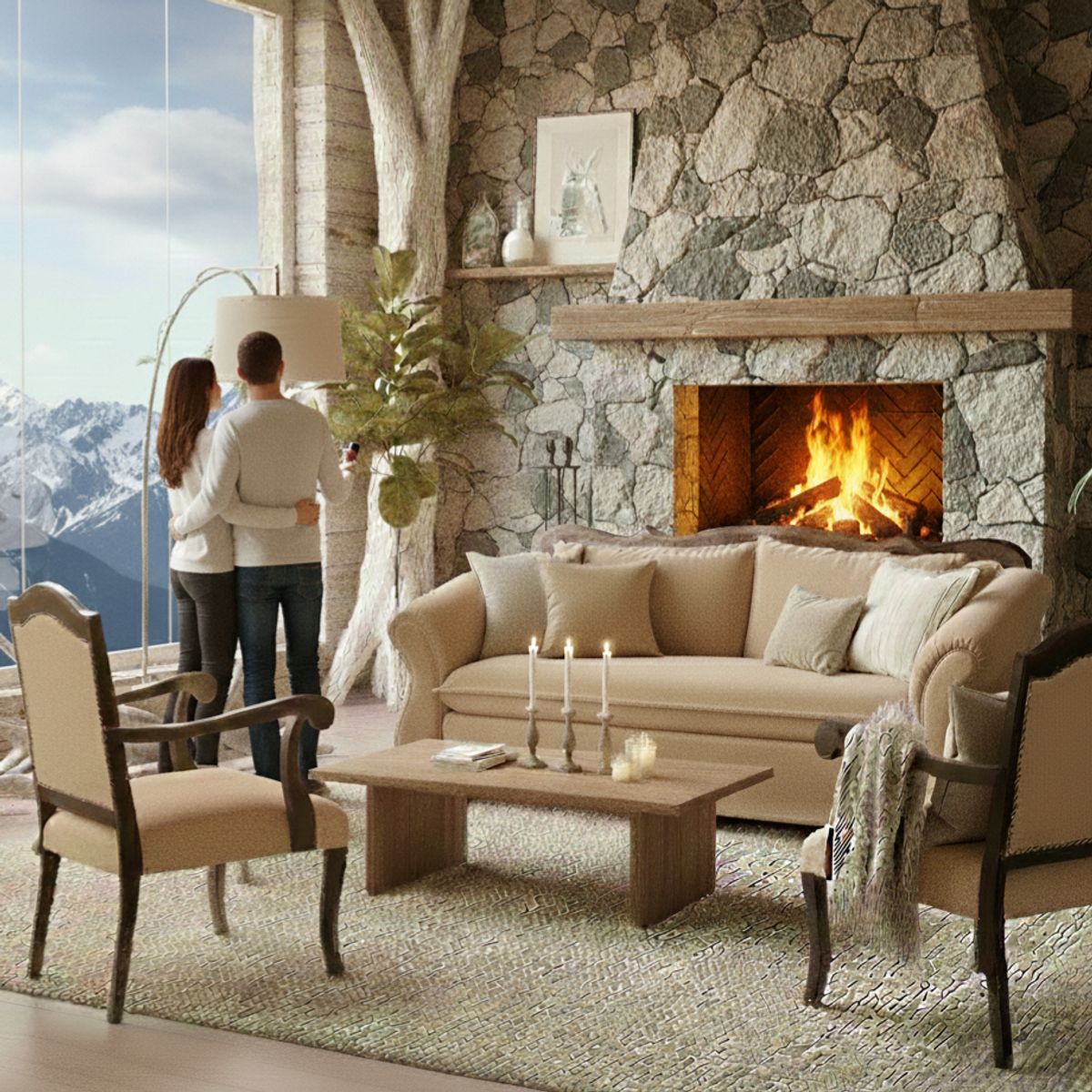 SITIAL HOME - Juego de Living 311 Teheran beige sofa resortes + 2 sitiales madera