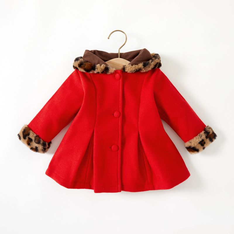PATPAT - Abrigo de lana con capucha de leopardo manga larga y botones rojo