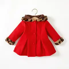 PATPAT - Abrigo de lana con capucha de leopardo manga larga y botones rojo