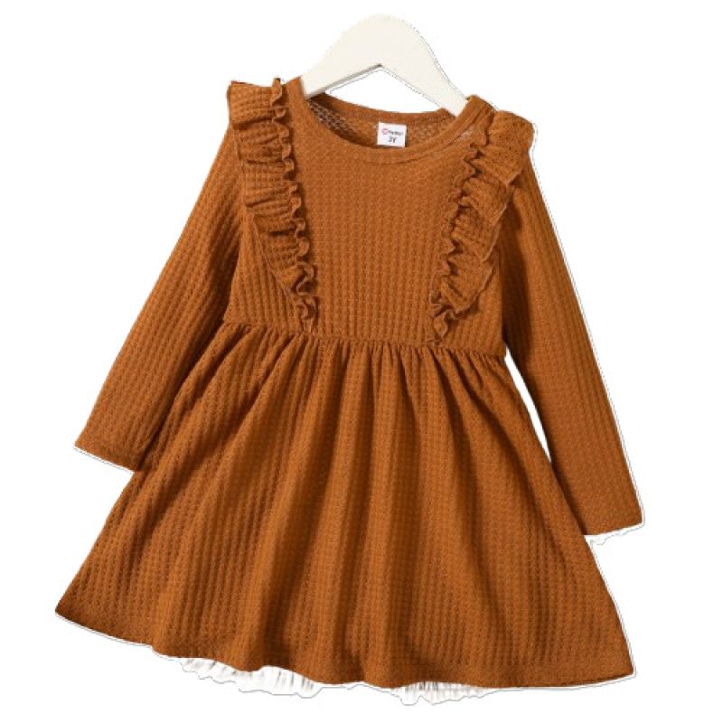 PATPAT - Vestido sólido con volantes para niña en jengibre o marrón