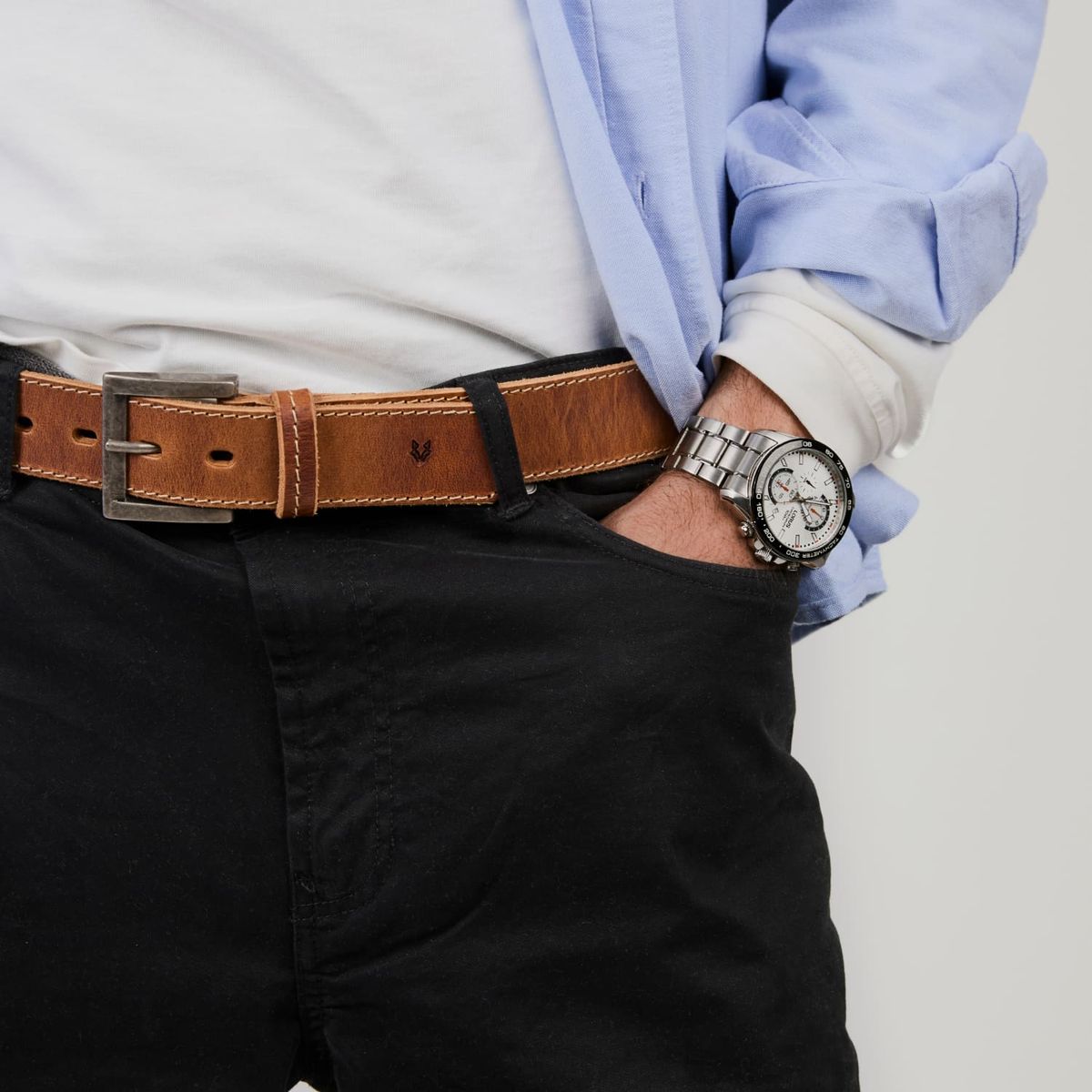 VEROZ - Cinturon Hombre De Cuero Costuras Casual Cafe Véroz