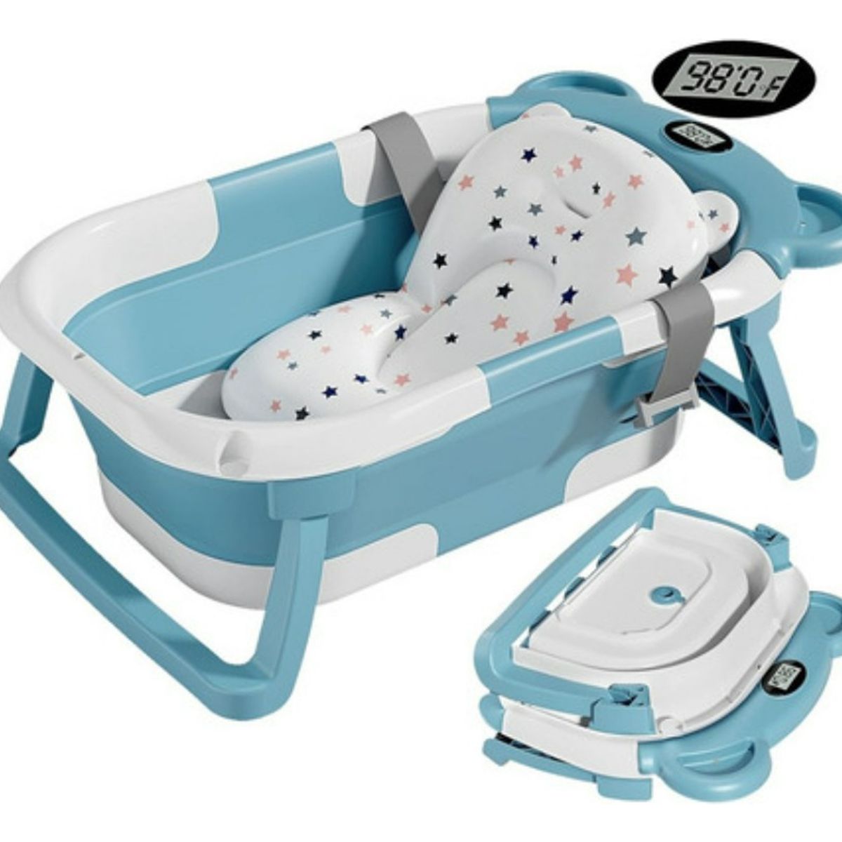 BLLOQ - Tina Bañera Plegable Bebé Con Termómetro Y Cojín Reforzado