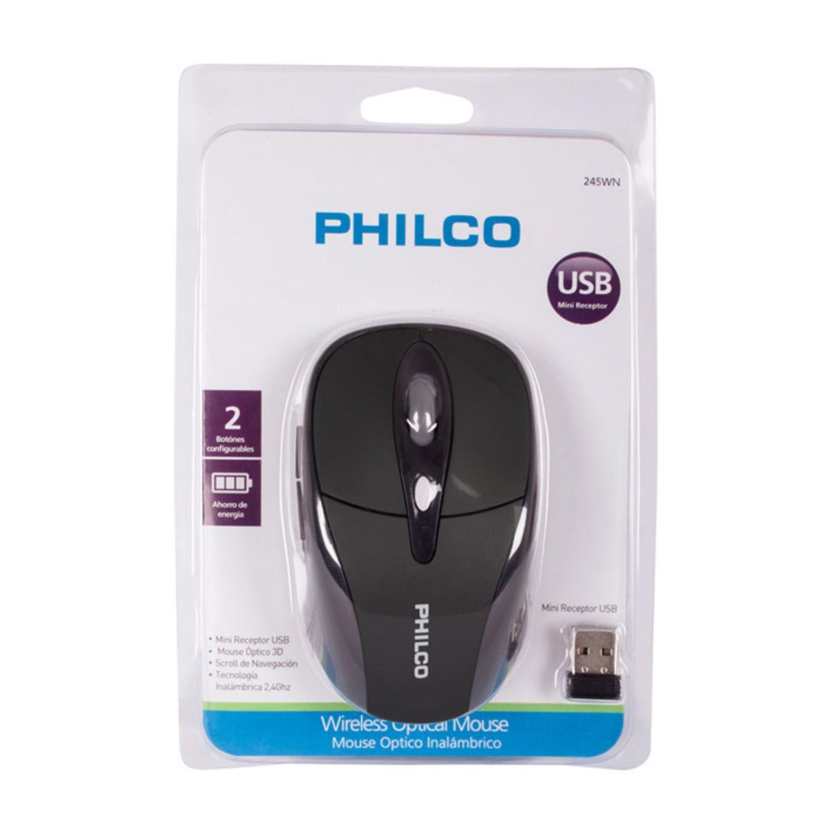 PHILCO - Mouse Inalambrico USB 6 Botones Negro 245WN Philco