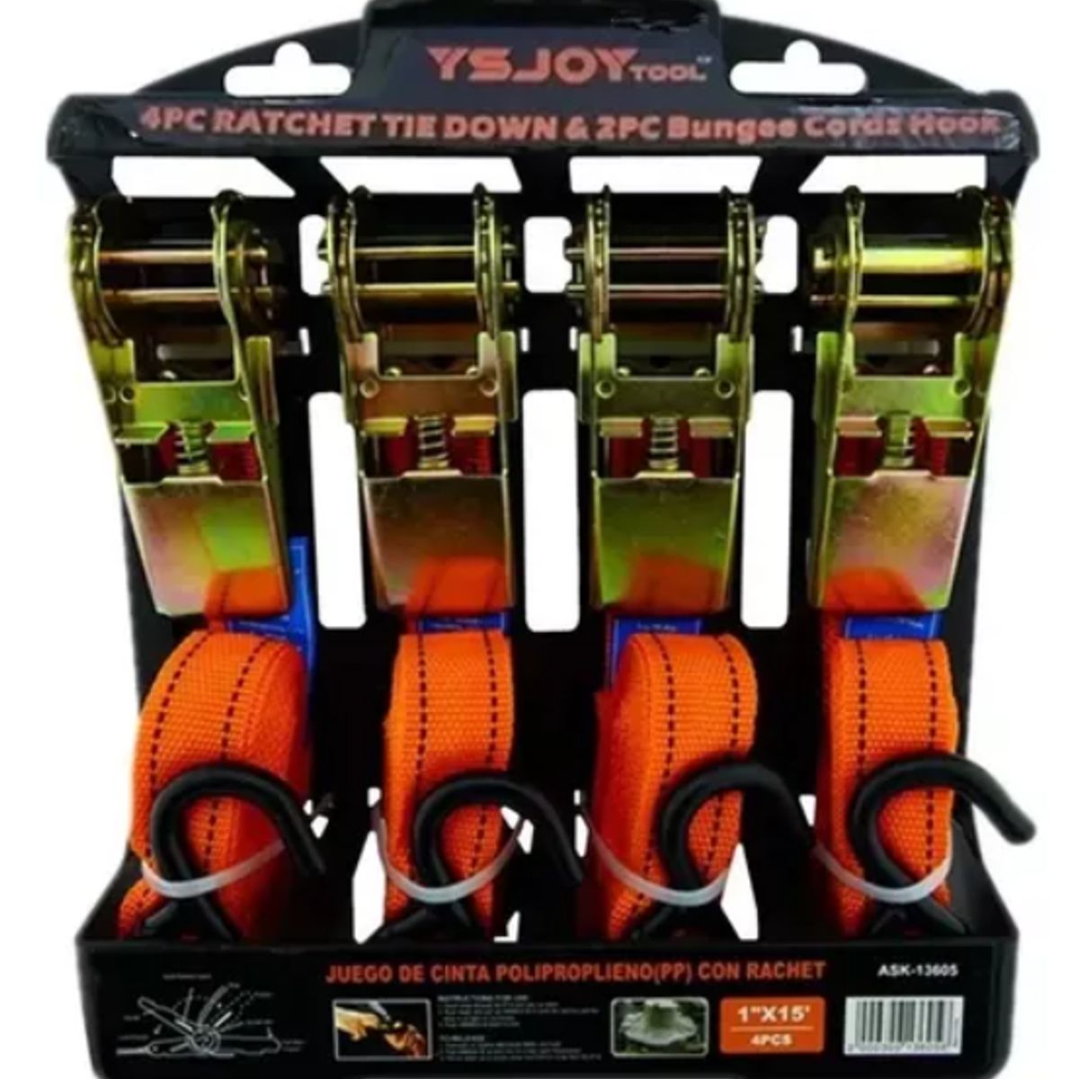 GENERICO - Set Kit Juego Eslinga Cinta Amarre Ratchet 4 Piezas 500 kg