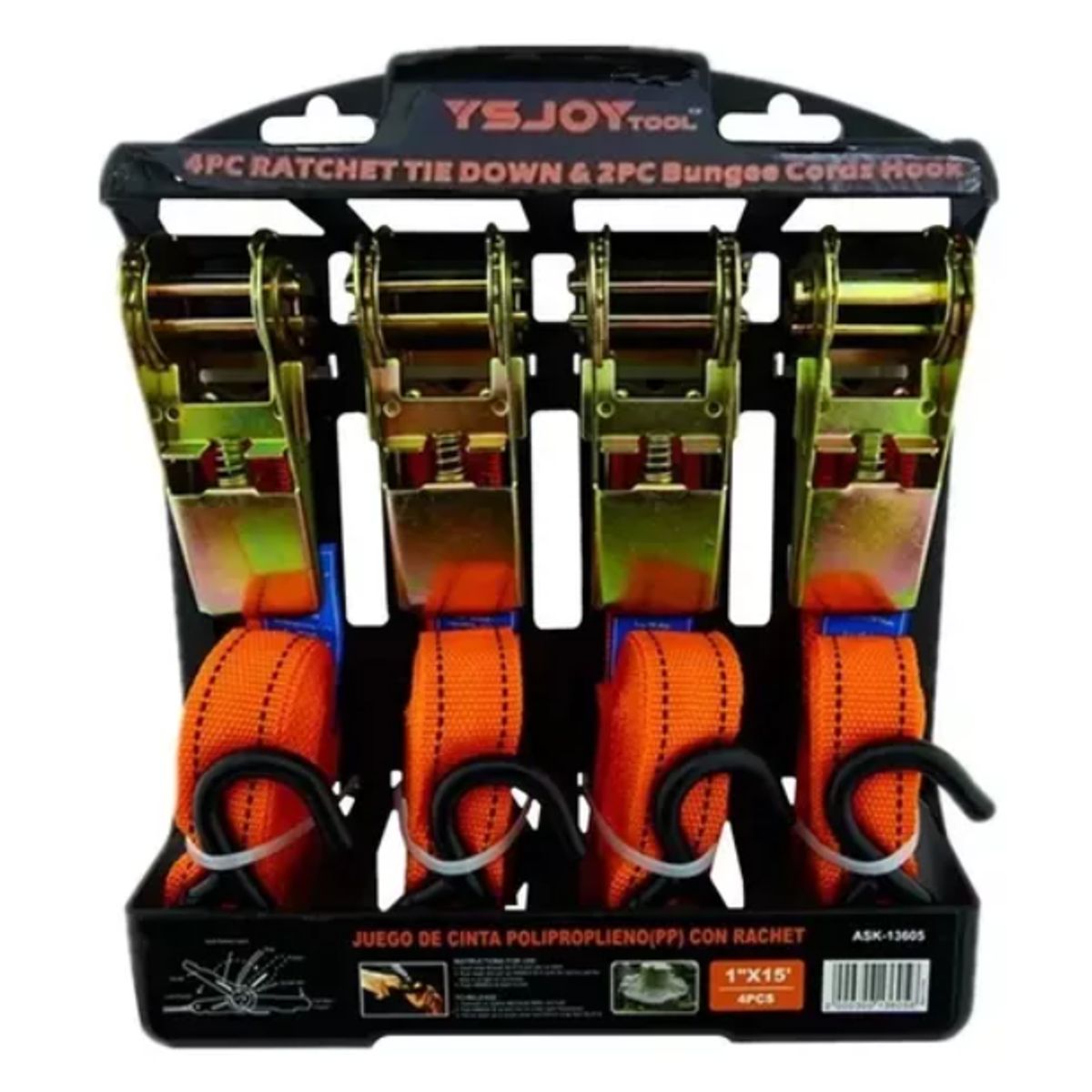 GENERICO - Set Kit Juego Eslinga Cinta Amarre Ratchet 4 Piezas 500 kg