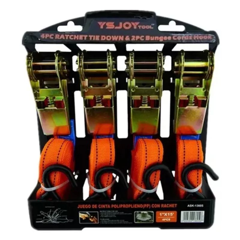 GENERICO - Set Kit Juego Eslinga Cinta Amarre Ratchet 4 Piezas 500 kg