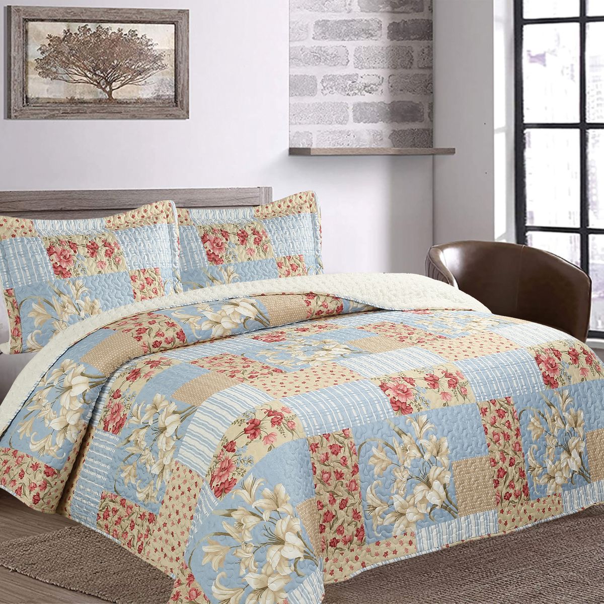 CHANTILLY - Quilt Patchwork Sherpa Azul Floral
