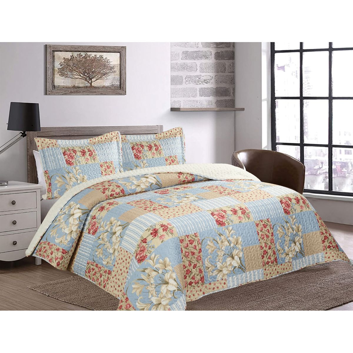 CHANTILLY - Quilt Patchwork Sherpa Azul Floral