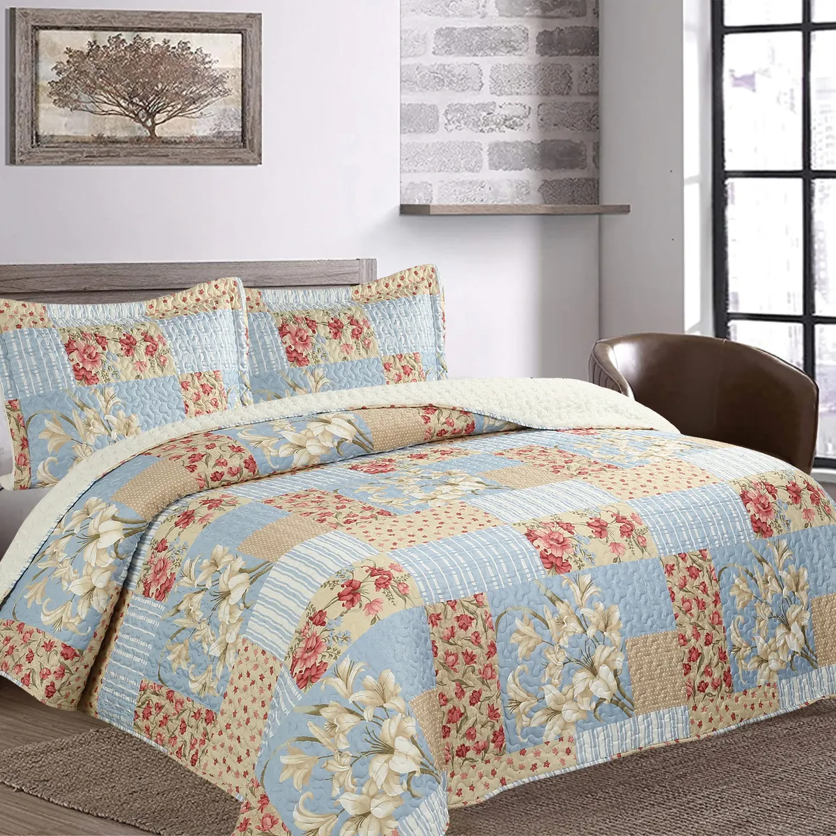 CHANTILLY - Quilt Patchwork Sherpa Azul Floral