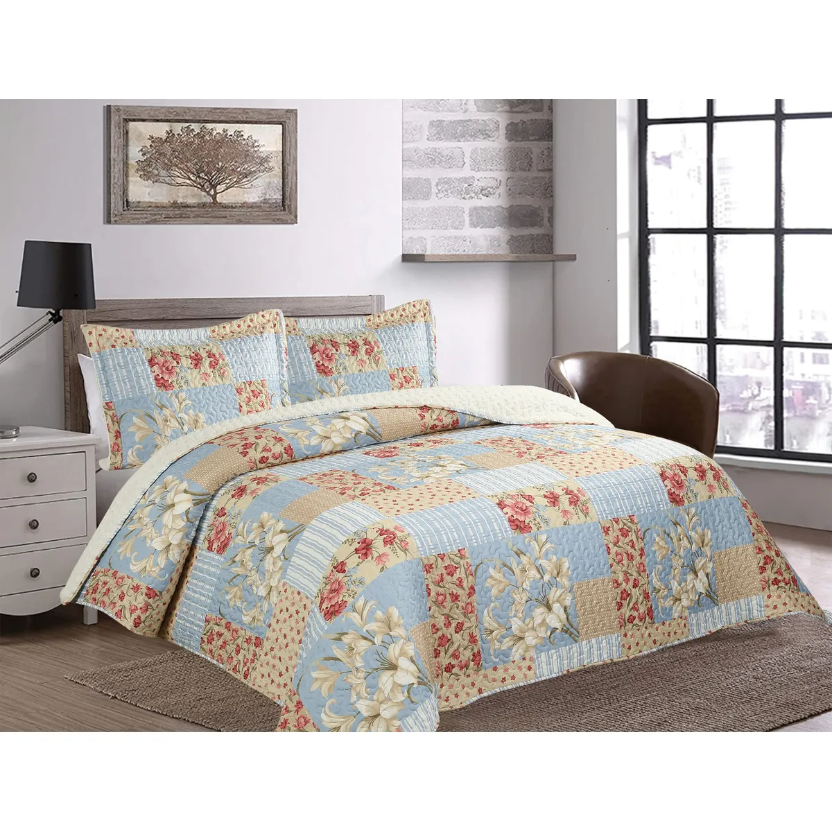 CHANTILLY - Quilt Patchwork Sherpa Azul Floral