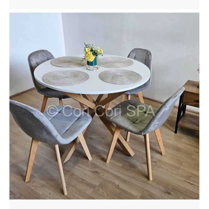 CORI CORI - Comedor Warwick Melamina Blanc 100cm + 4 Sillas Capitonne Velvet Gris