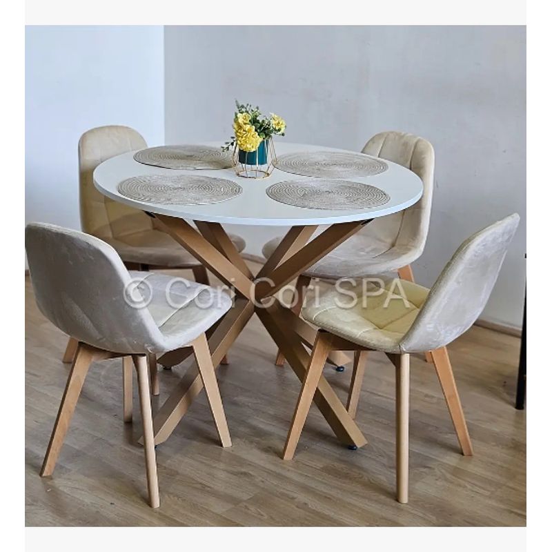 CORI CORI - Comedor Warwick Blanca 100cm + 4 Sillas Capitonne Velvet Beige