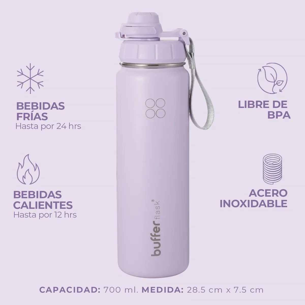 BUFFER FLASK - Termo Botella Agua Termica Acero Inox + Tapas - Lila