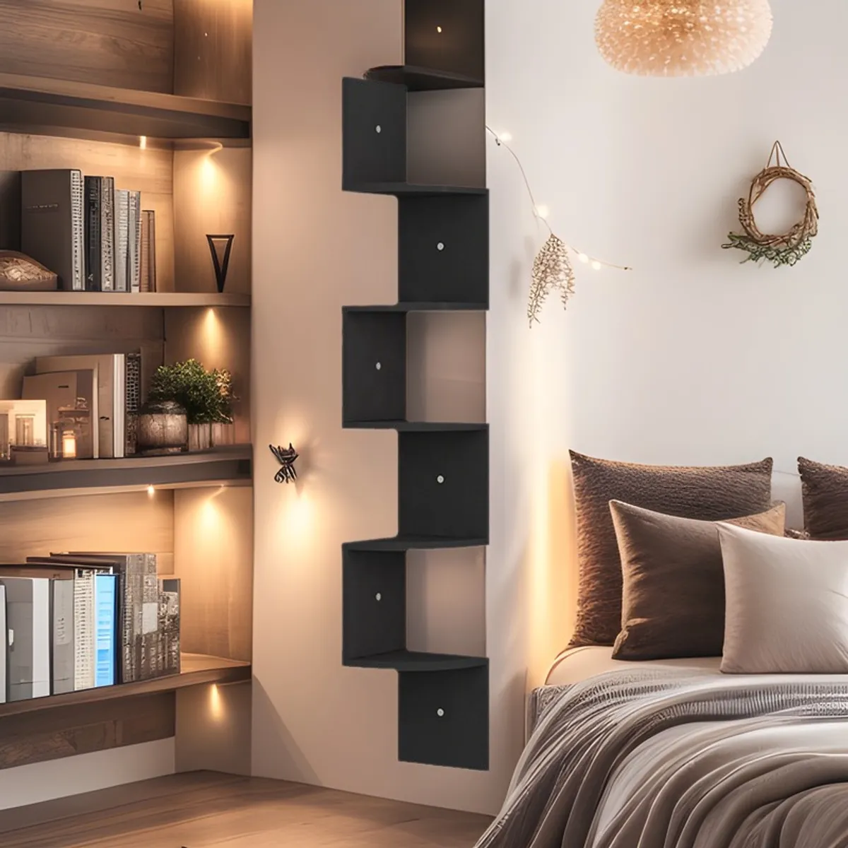 IDEEHOUSE - Repisa Esquinera Zigzag de 5 Niveles – Ahorro de Espacio con Estilo Rústico