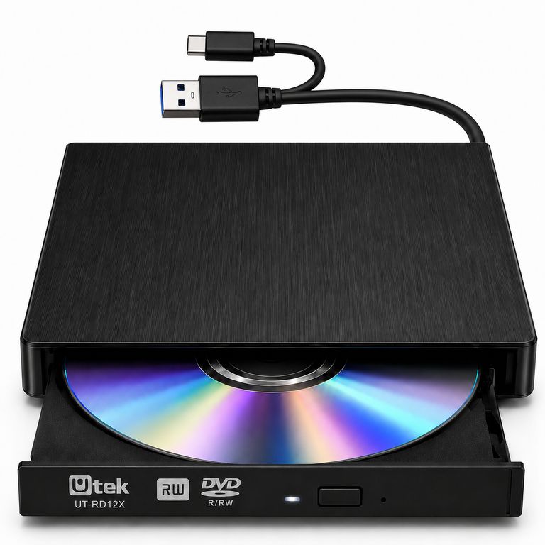 UTEK Grabador y Lector Externo de CD/DVD Dual USB / USB-C RD12X