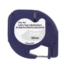 GENERICO - Cinta tipo Letratag para Rotuladora DYMO 12mm x 4m - Metálica 91338 Plateada