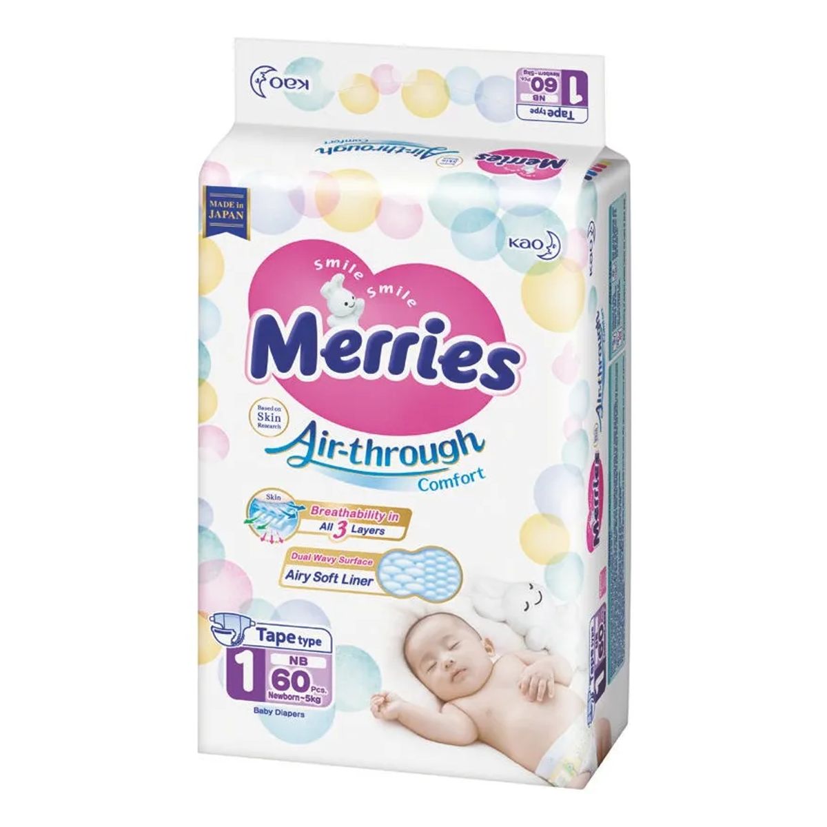 MERRIES - Pañales Bebes Desechables Broche Resellable Merries Rn 5 Kg X 60
