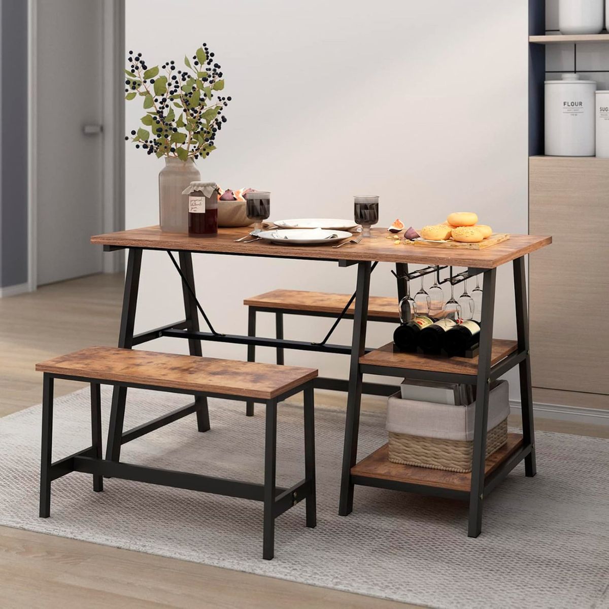 PANDALINO - Pack Mesa Rectangular + 2 Banquetas - Estilo Industrial