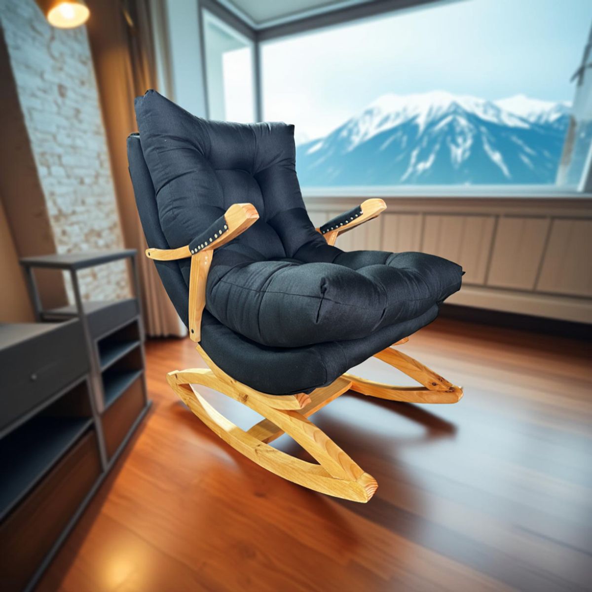 MUEBLES NEW - SILLA MECEDORA COQUETTE CON APOYA BRAZO NEGRO LINO.