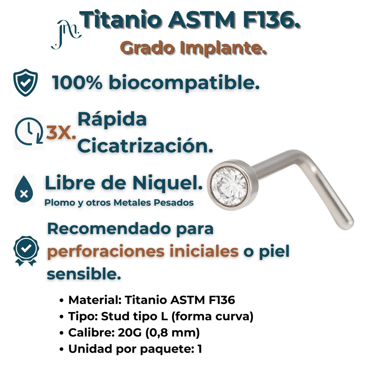 ELBAULDEJUMA - Piercing Nostril Tipo L Titanio Astm F136 20g 2mm Nariz