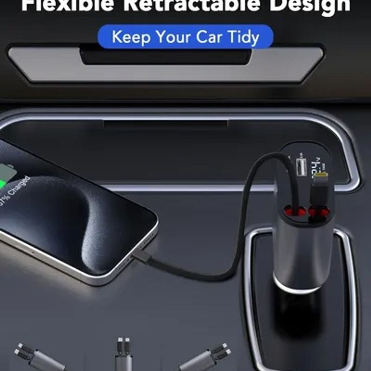 EVERSO - Cargador Auto Usb Carga Rapida Y 2 Cables Retráctiles
