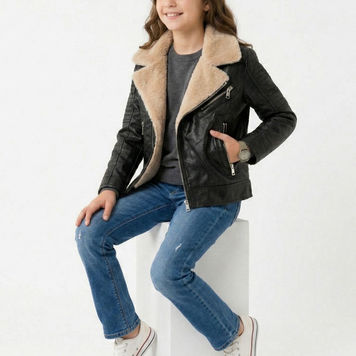 KIBOU - Chaquetas Aviadora de Ecocuero con Polar para Niños