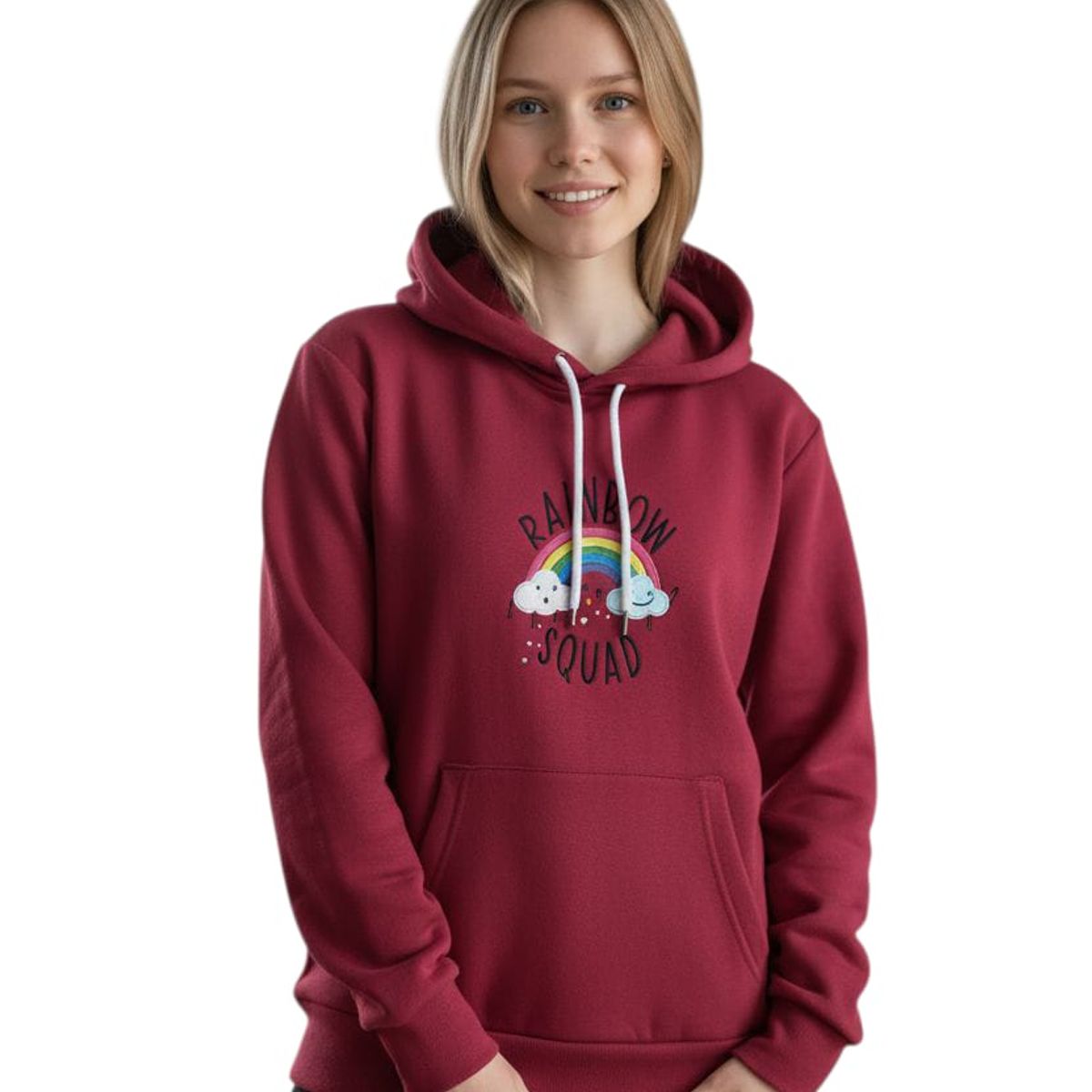 ROLY - POLERON ROJO Arcoiris Canguro Con Gorro