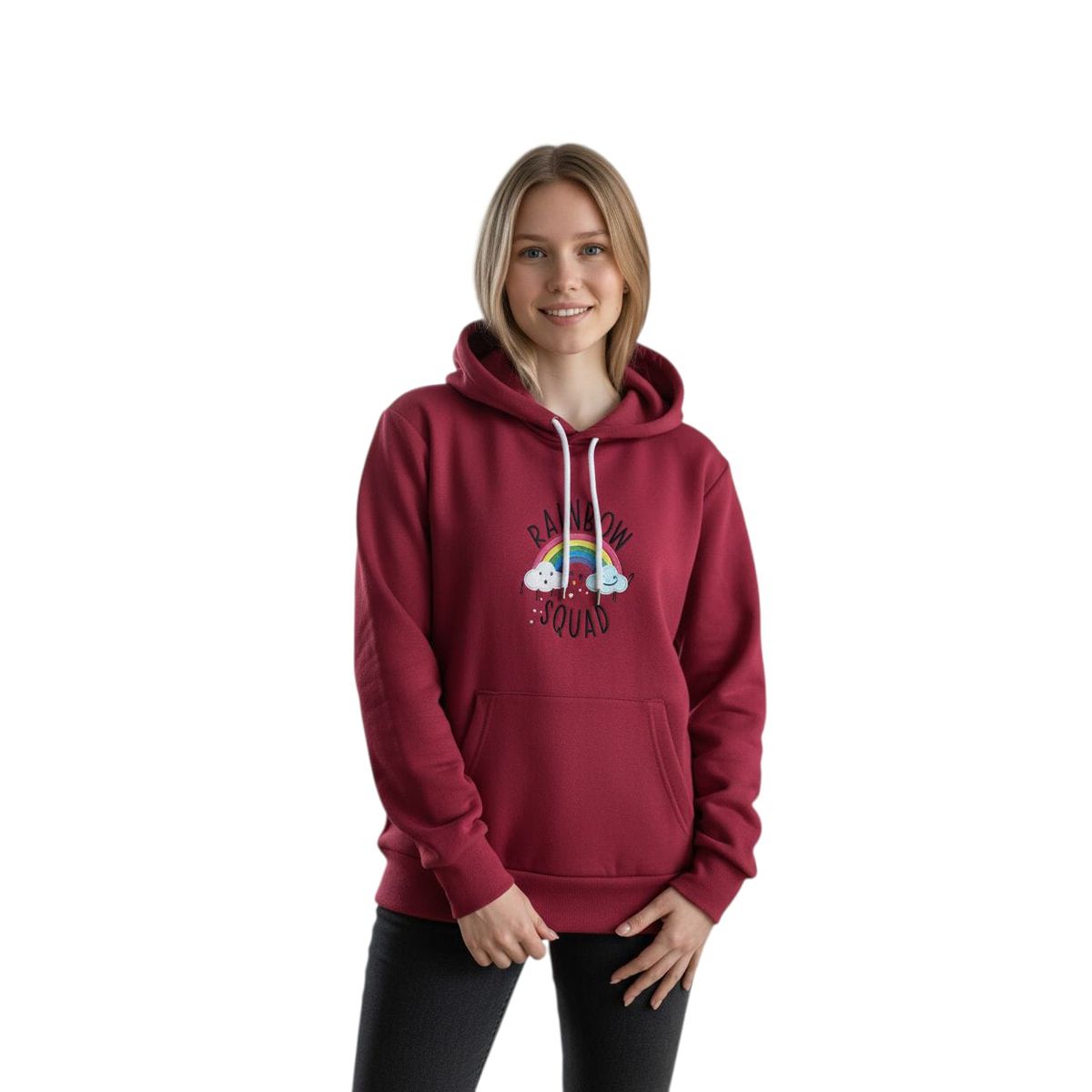 ROLY - POLERON ROJO Arcoiris Canguro Con Gorro