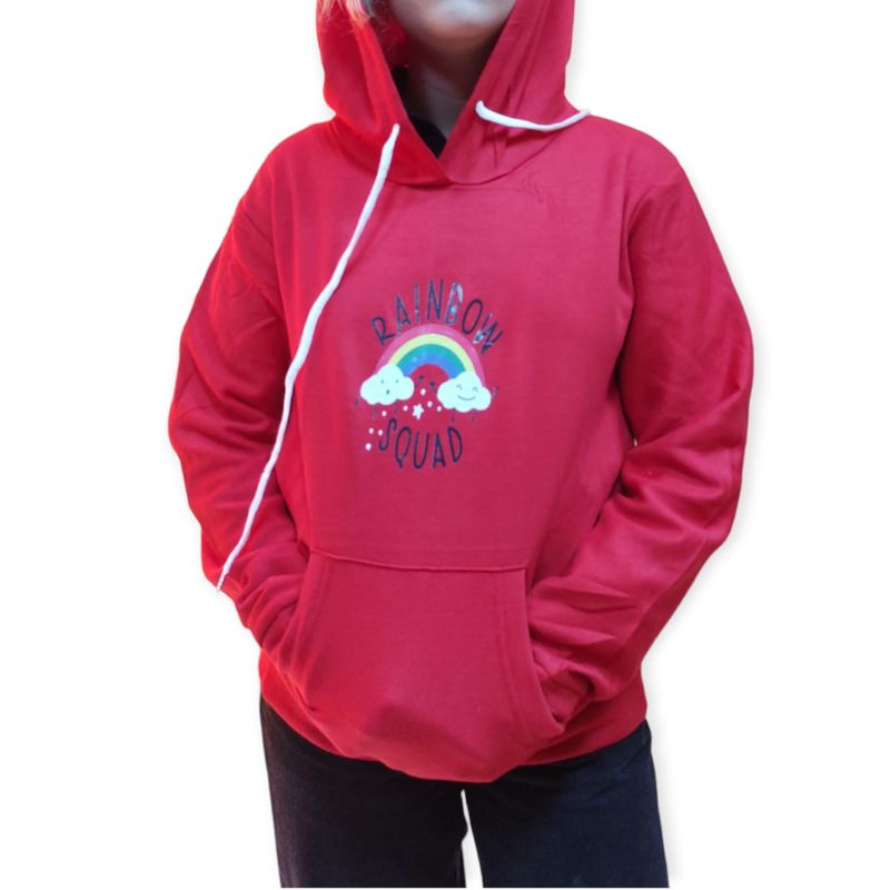 ROLY - POLERON ROJO Arcoiris Canguro Con Gorro