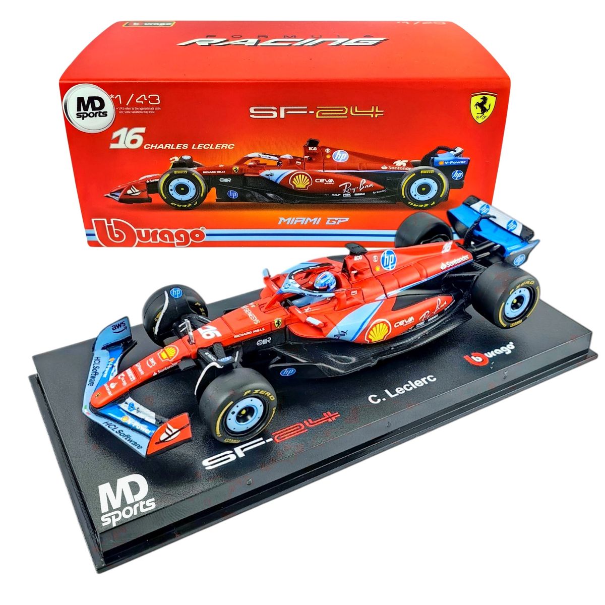 BBURAGO - Auto F1 Ferrari SF-24 Miami 2024 Ch.Leclerc Caja Acrili 1:43.-