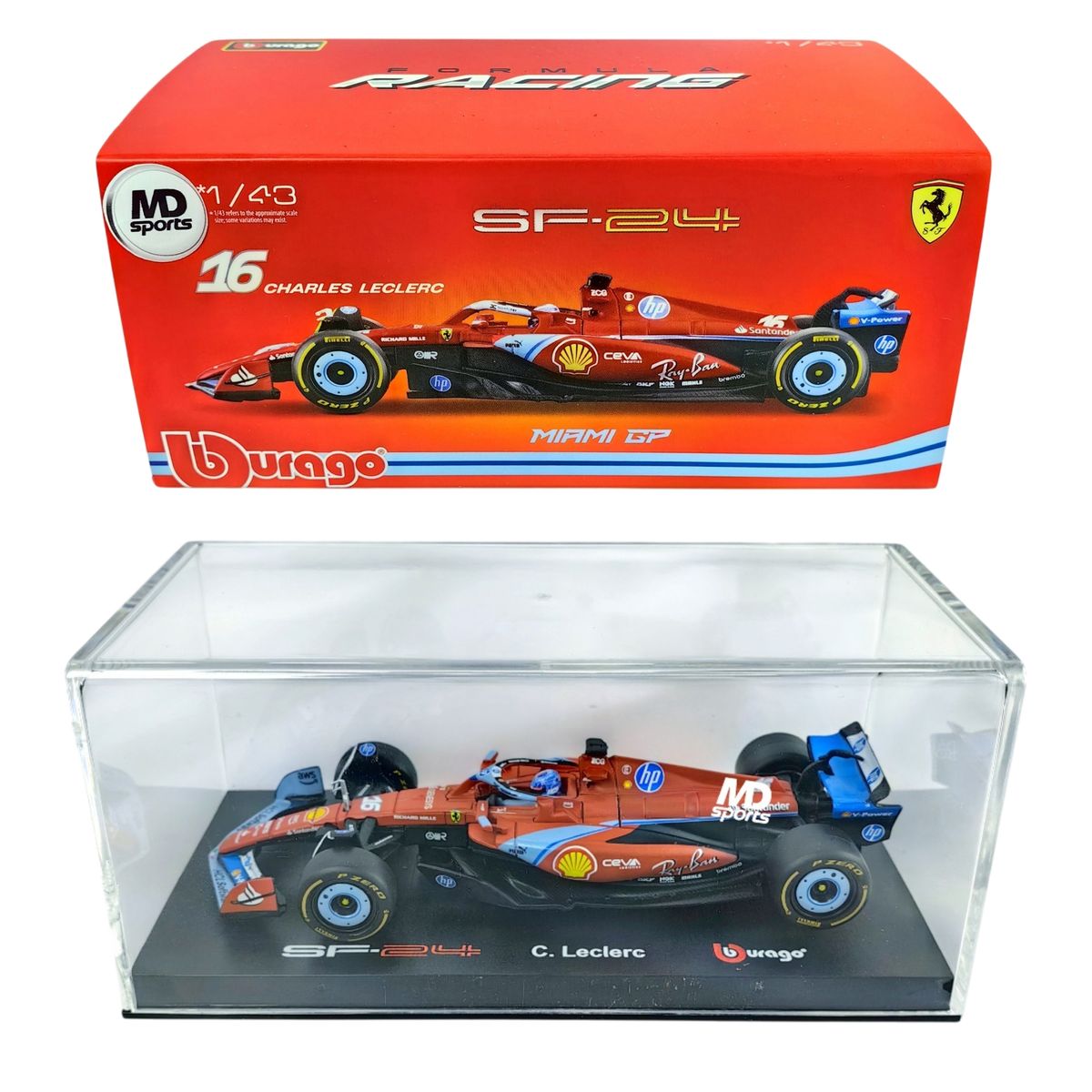 BBURAGO - Auto F1 Ferrari SF-24 Miami 2024 Ch.Leclerc Caja Acrili 1:43.-