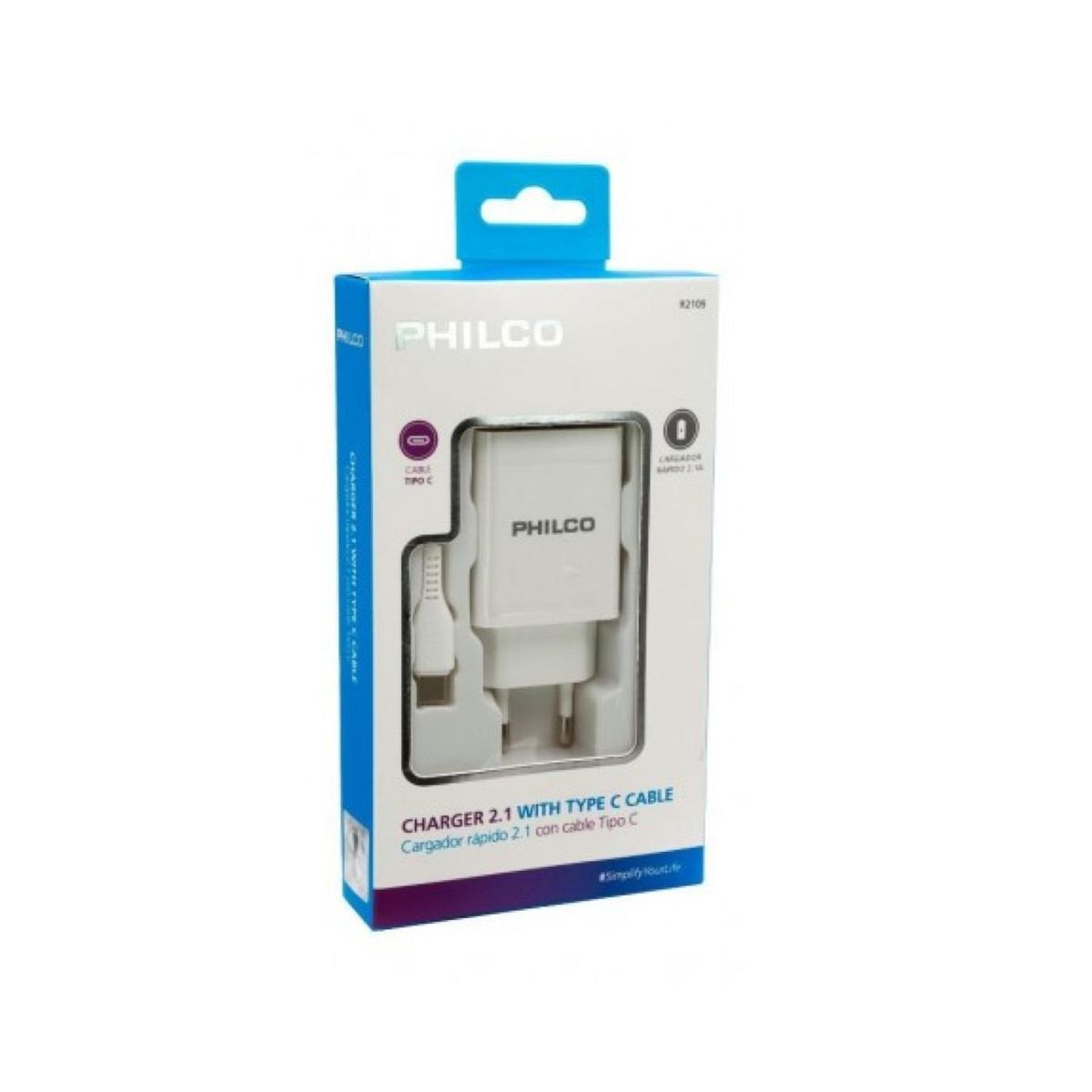 PHILCO - Cargador De Pared 2 USB 2.1A Cable Micro USB Blanco Philco