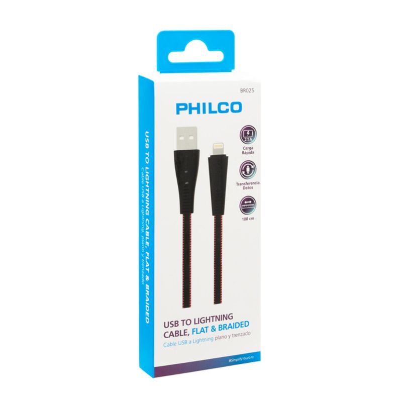 PHILCO - Cable Carga Rapdia USB A Lightning Malla Flat Philco.