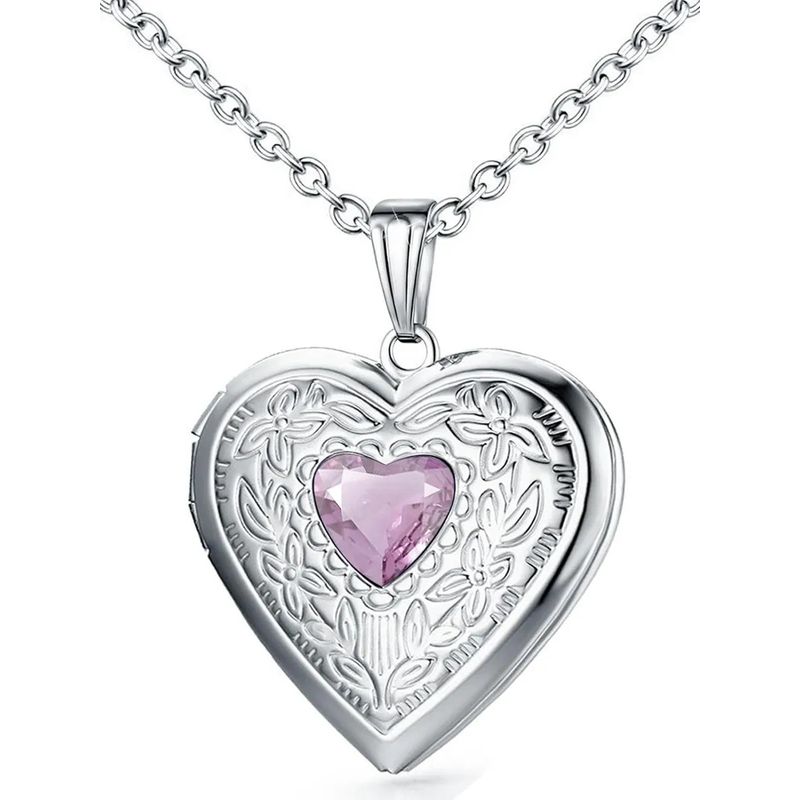 KUANGYE - Collar Relicario Foto Bañado en plata Corazón Piedra Natal Regalo