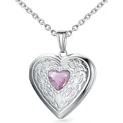 KUANGYE - Collar Relicario Foto Bañado en plata Corazón Piedra Natal Regalo