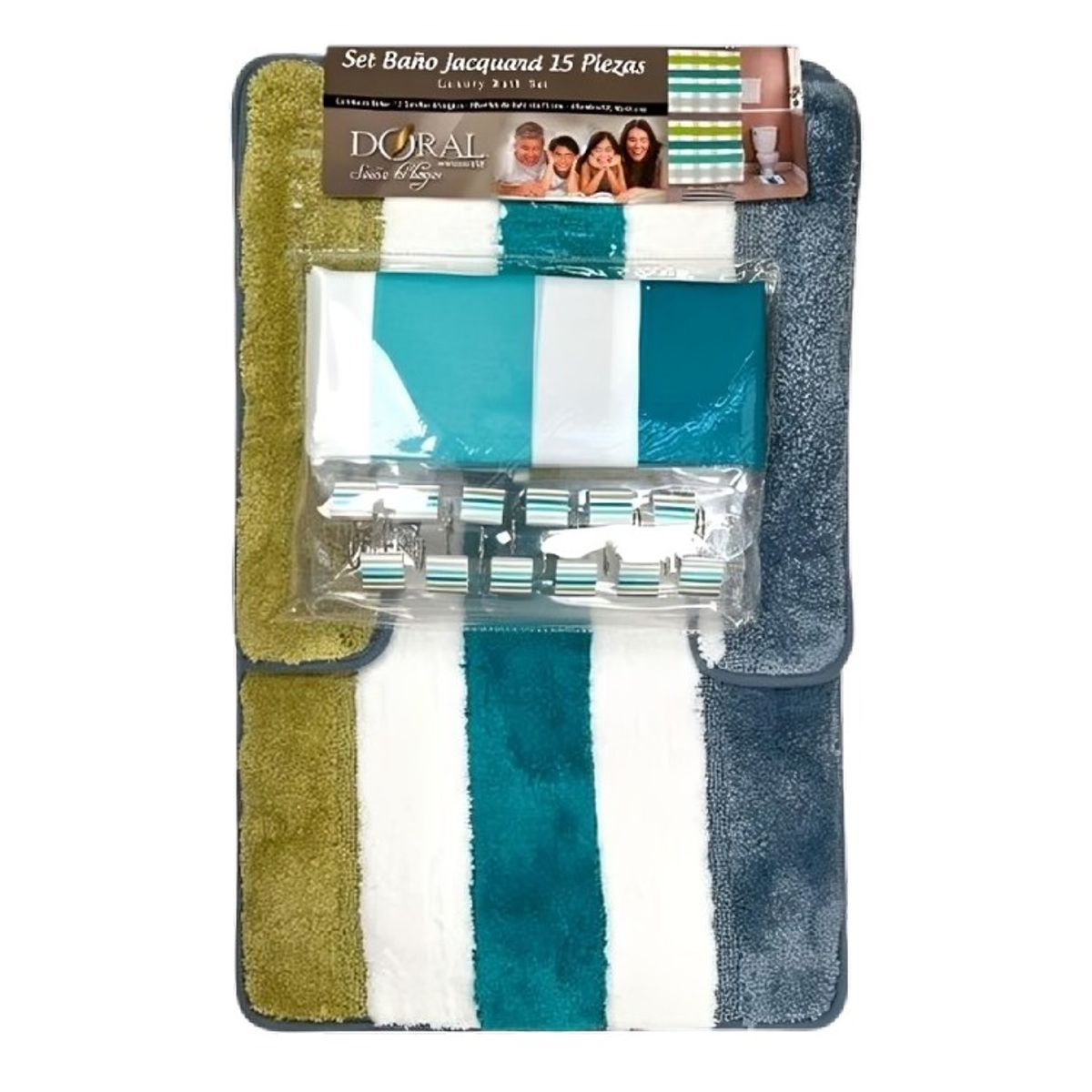DORAL - Set de Baño 15pcs  Franjas Petróleo Verde Azul  Doral
