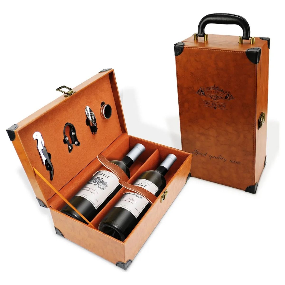 KUANGYE - Caja Para Vinos Maleta De Cuero Regalo Con Accesorios