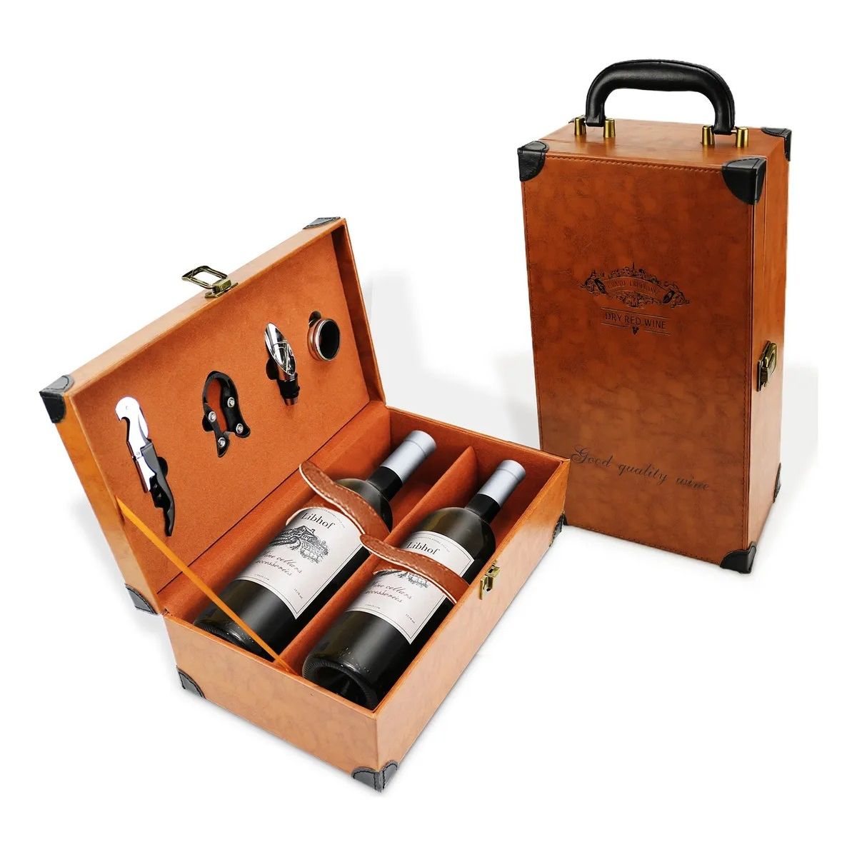 KUANGYE - Caja Para Vinos Maleta De Cuero Regalo Con Accesorios