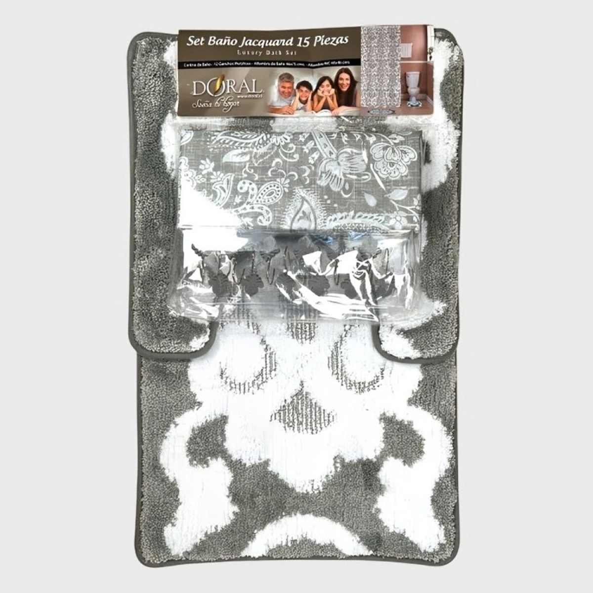 DORAL - Set de Baño 15pcs Jacquard  Flores Gris Blanco  Doral