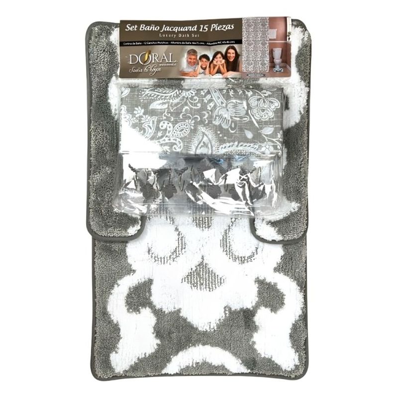 DORAL - Set de Baño 15pcs Jacquard  Flores Gris Blanco  Doral