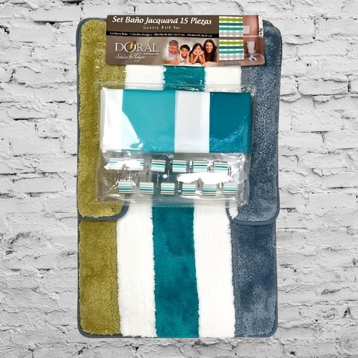 DORAL - Set de Baño 15pcs  Franjas Petróleo Verde Azul  Doral