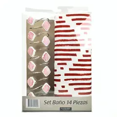 DORAL - Set de Baño 14 Piezas Luxury Rombos Rojo Blanco