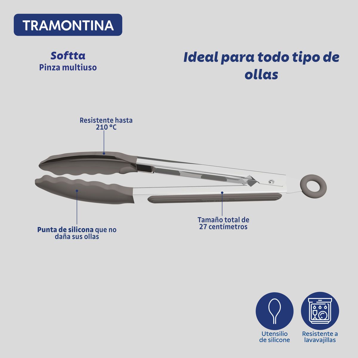 TRAMONTINA - Pinza Multiuso Tramontina Softta de Silicona Gris 27 cm