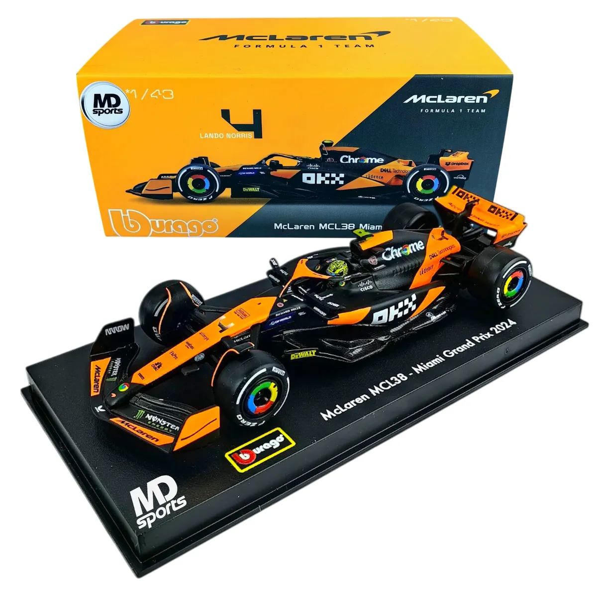 BBURAGO - Auto F1 Mclaren MCL38 2024 Miami #4 Norris Caja Acril 1:43