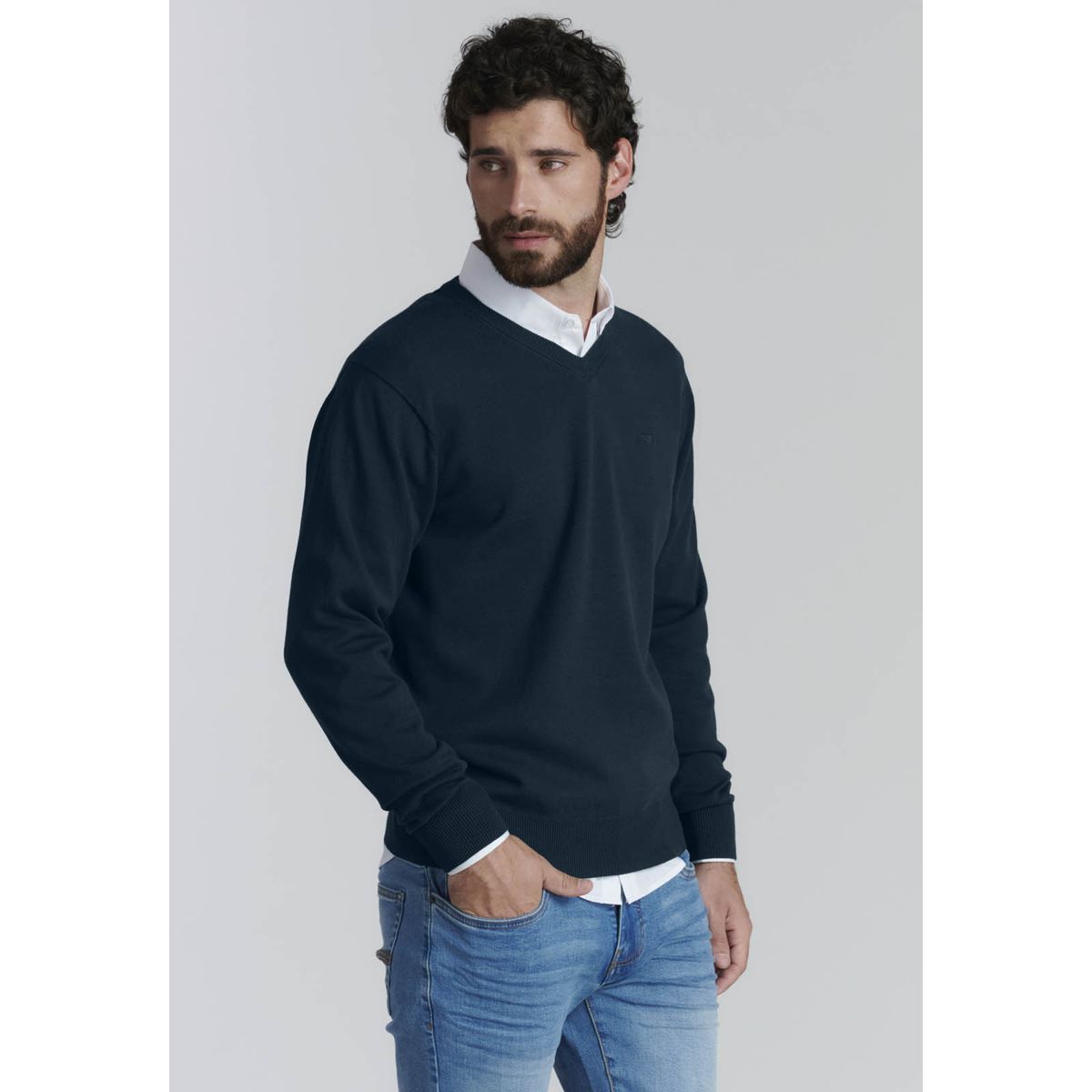 FEROUCH - Sweater V Neck Solido F Smart Casual Azul Ferouch