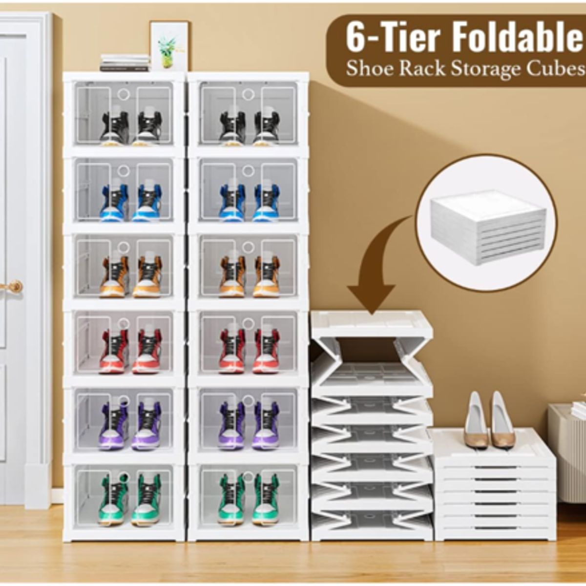 GENERICO - Zapatero plegable de 6 niveles, organizador de plástico resistente y duradero con 6 capas de contenedores apilables para zapatos, fácil instalación