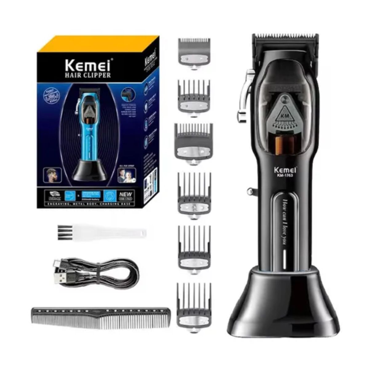 KEMEI - Maquina Cortadora De Pelo KM-1763 9000RPM Con Base De Carga