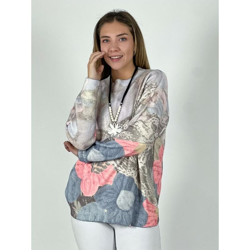 ENIGMATICA BOUTIQUE - Sweater Cashmere Difuminado Flores con Letras Beige