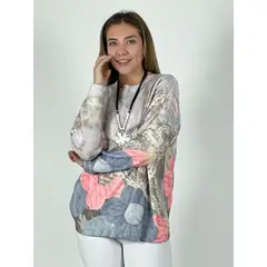 ENIGMATICA BOUTIQUE - Sweater Cashmere Difuminado Flores con Letras Beige